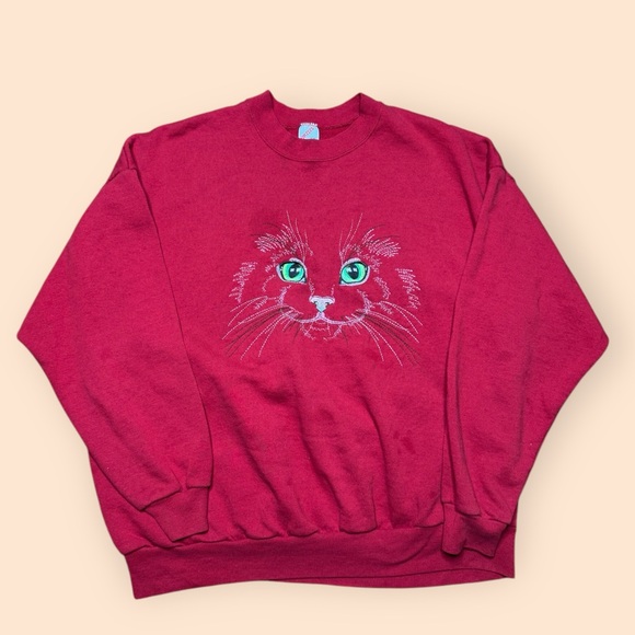 Vintage 1990s Cat Crewneck Sweatshirt Men’s 3XL Red Vtg 90s - Picture 1 of 5